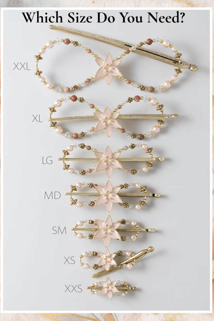 Lilyana Flexi Clip size comparison chart showing XXS through XXL sizes in brasstone with pink lily flower centerpiece and pearl accents.