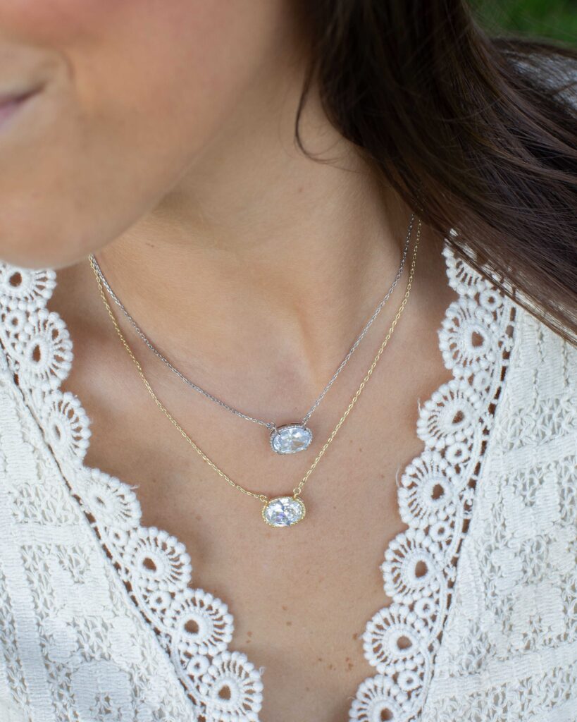 Amaya necklaces in silver and gold shown worn