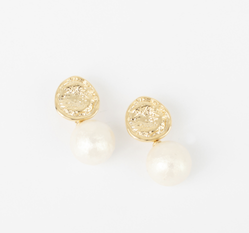 Blake gold-tone post earrings with hammered organic studs and large textured ivory pearl drops.