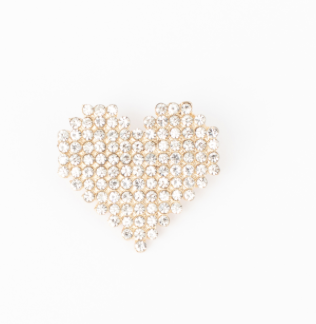 Heart Brooch: Gold heart-shaped brooch covered in rows of sparkling clear glass stones on a white background.