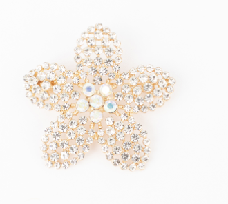 Petal Brooch: Gold five-petal flower brooch lined with clear glass stones and finished with iridescent gems in the center.