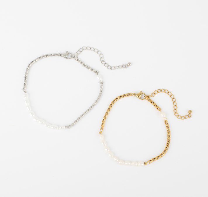 Brynn freshwater pearl and chain bracelets shown in gold stainless and silver stainless finishes.
