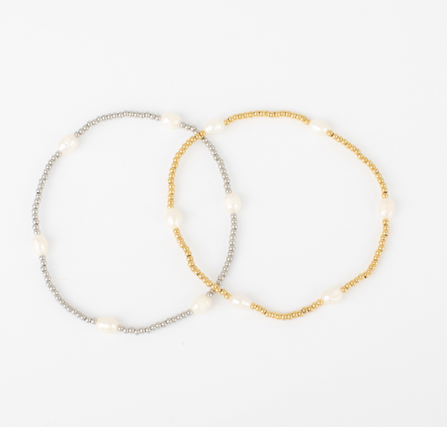 Harmony stretch bracelets with small gold or silver stainless beads and spaced freshwater pearls.