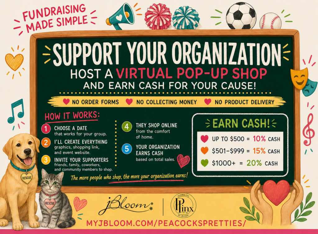 Nonprofit virtual jewelry fundraiser graphic explaining how organizations can earn 10%–20% cash from online sales, with illustrations representing animal rescue, cheerleading, youth sports, performing arts, music, and community service.
