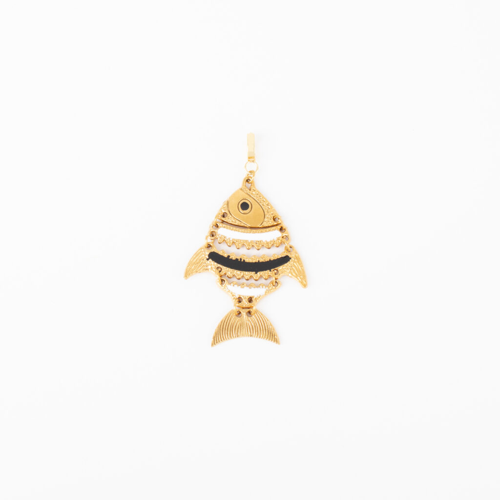 Oversized gold Big Fish Charm with black and white enamel stripes.