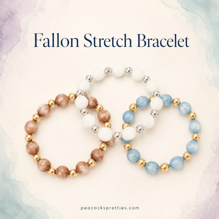Fallon Stretch Bracelets in Ivory, Brown and Dusty Blue with polished silver and gold stainless accents.