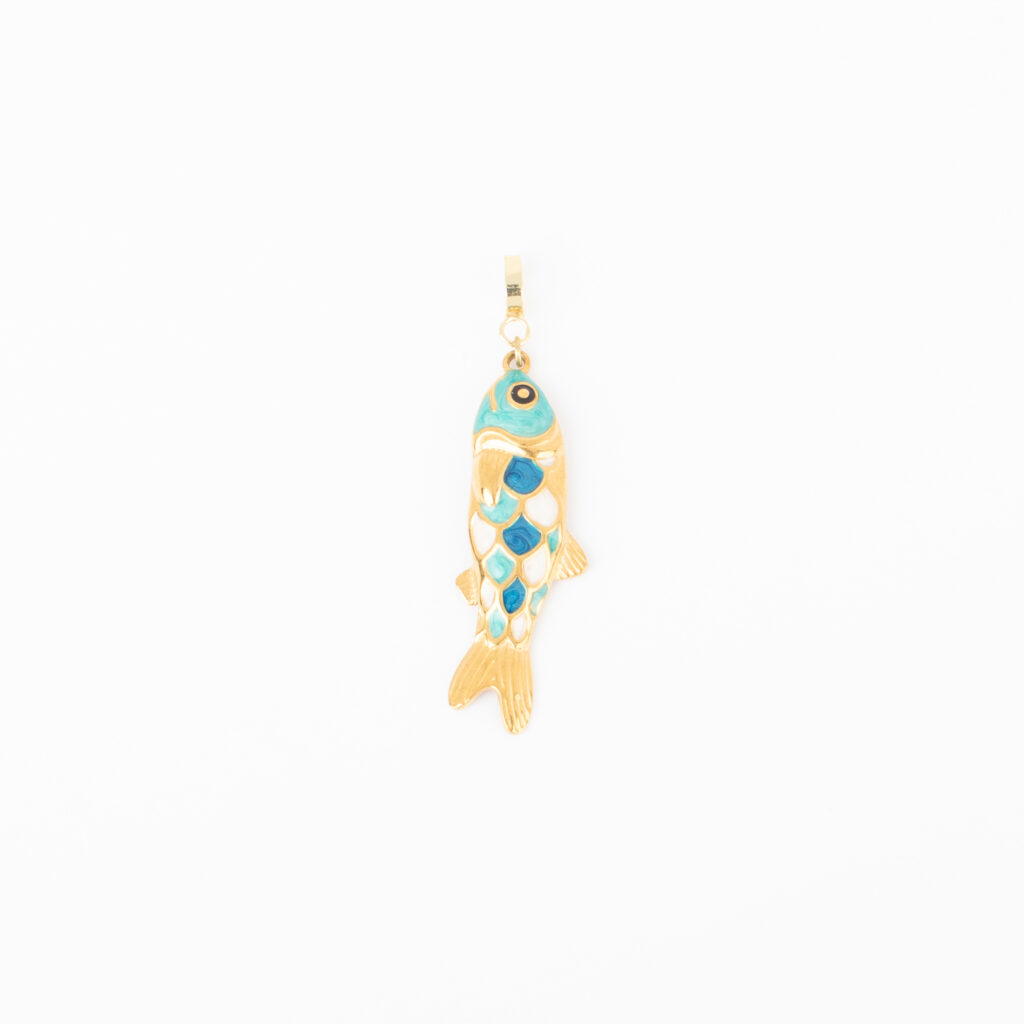 Gold Fishy Charm with teal, aqua, white, and navy enamel details.