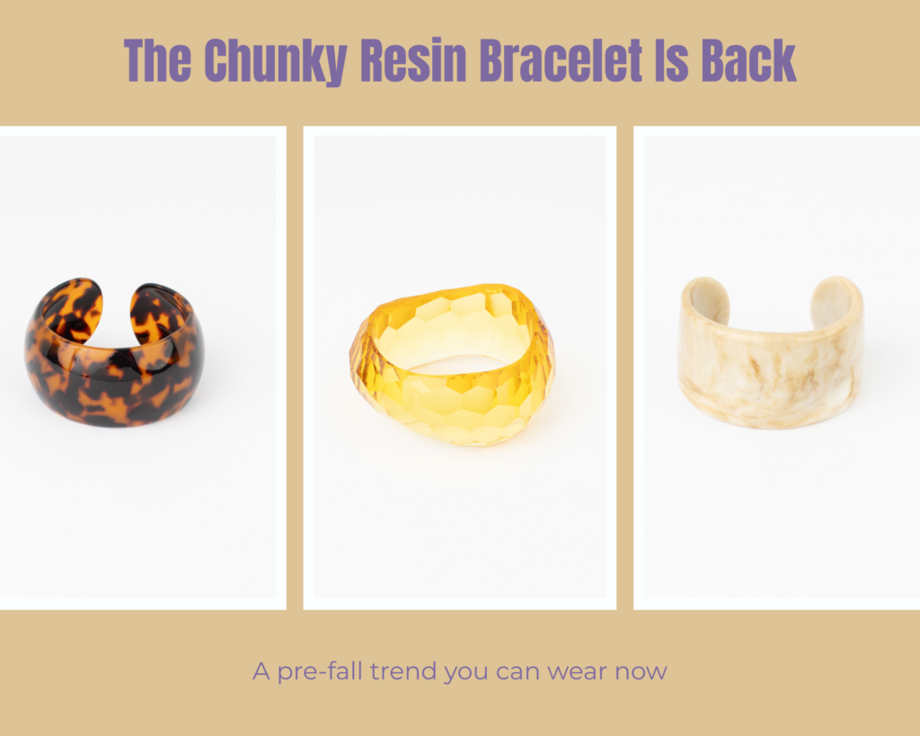 Tortoise, Moriah and Julep chunky resin bracelets featured as a wearable pre-fall jewelry trend.