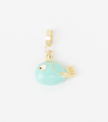 Small aqua puffer fish charm with gold accents.
