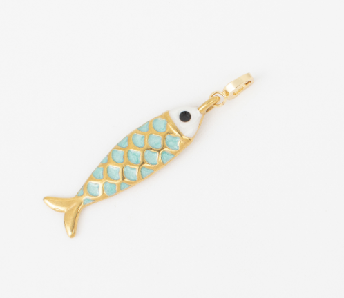 Gold Sardine Charm with aqua enamel scales and a white head.