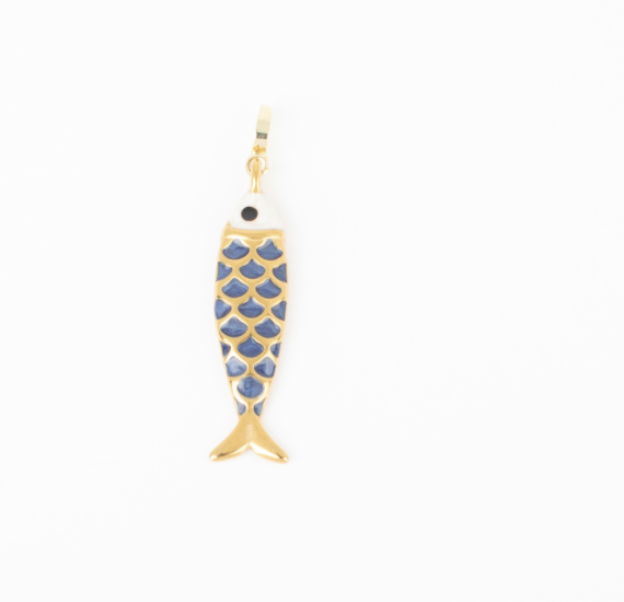 Gold Sardine Navy Charm with deep navy enamel scales and a white head.