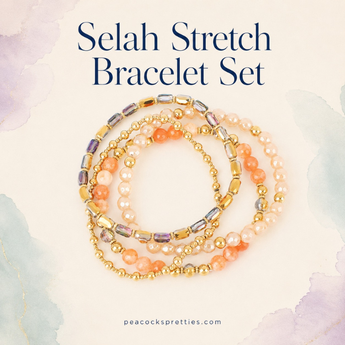 Selah Stretch Bracelet Set featuring peach agate, faceted crystal beads and polished gold stainless accents.
