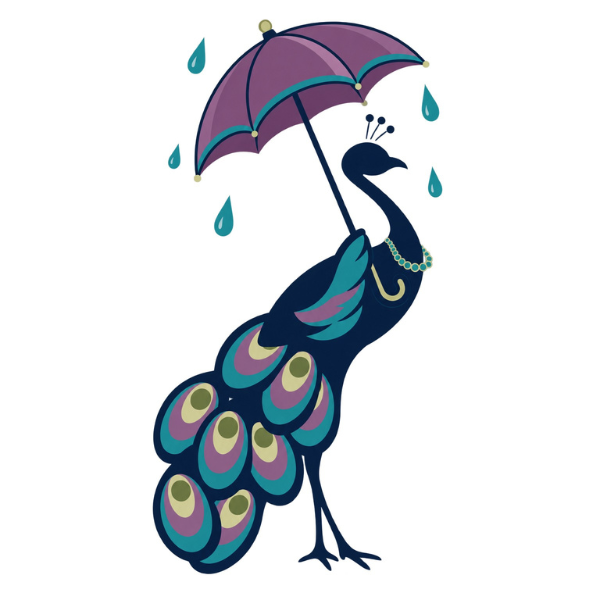 Peacock holding a purple umbrella in teal raindrops for the Jewelry Weather Report styling guide.
