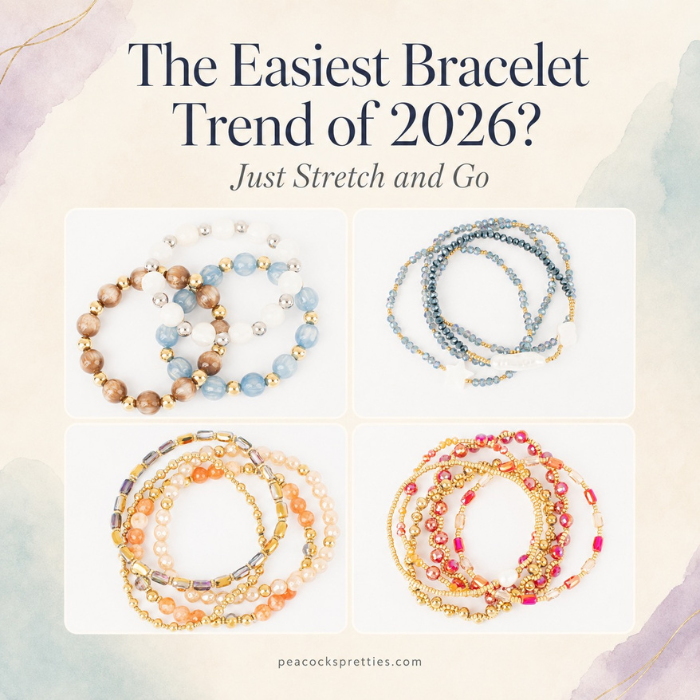 Fallon, Sky, Selah and Scarlett stretch bracelets illustrating the colorful beaded bracelet trend for 2026.