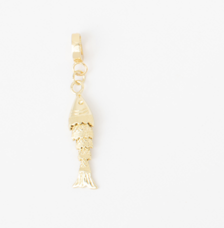 Articulated gold Wiggle Fish Charm with textured movable sections.