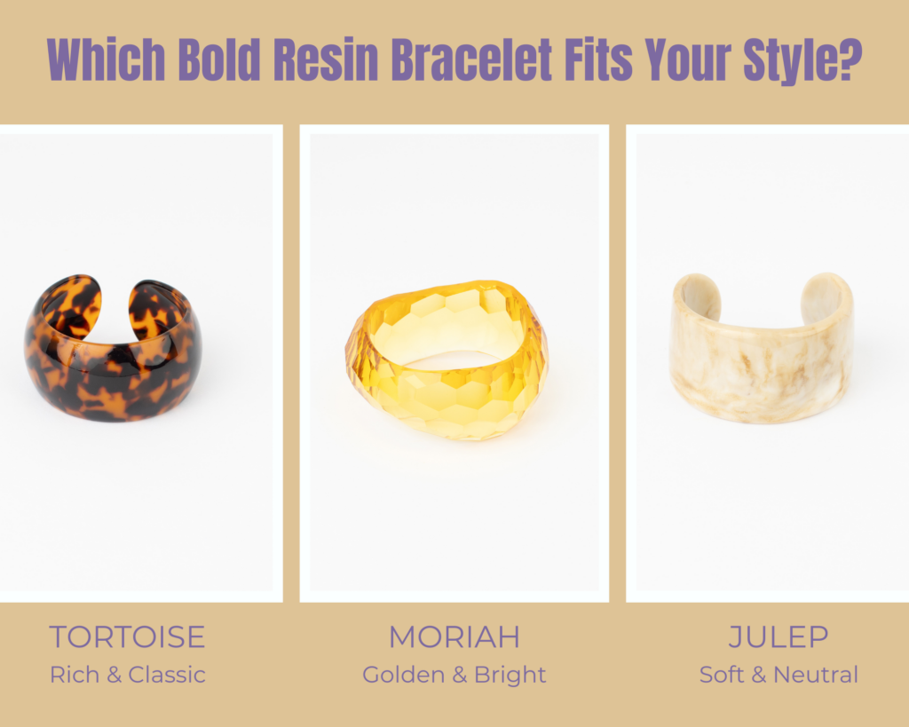 Comparison of the rich Tortoise, golden Moriah and neutral Julep chunky resin bracelets.