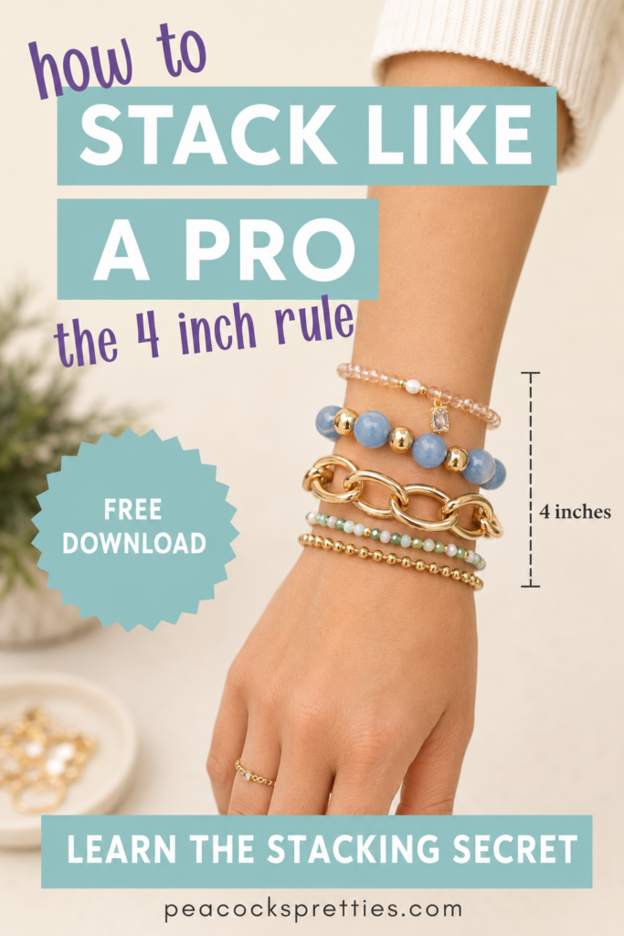 Square promotional graphic on a soft cream background that reads, “how to STACK LIKE A PRO the 4 inch rule.” A real arm is shown vertically wearing a layered bracelet stack with gold chain links, blue beads, green beads, gold beads, and a pink beaded bracelet. A dashed measurement line beside the stack is labeled “4 inches.” A teal badge says “FREE DOWNLOAD,” and a bottom banner reads, “LEARN THE STACKING SECRET,” followed by “peacockspretties.com.”
