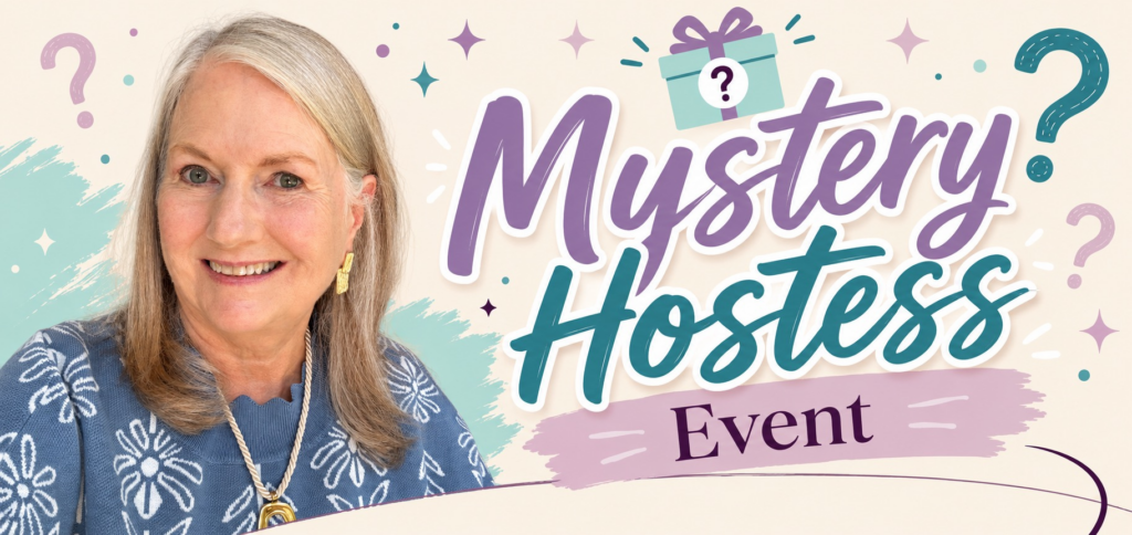 Audrey Peacock smiling beside the words “Mystery Hostess Event,” surrounded by colorful question marks, sparkles, and a mystery gift.
