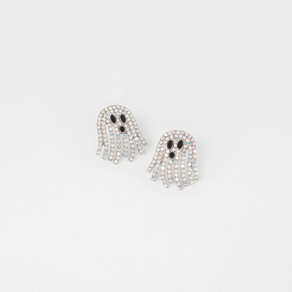Silver rhinestone ghost earrings with sparkling strands and black facial details.