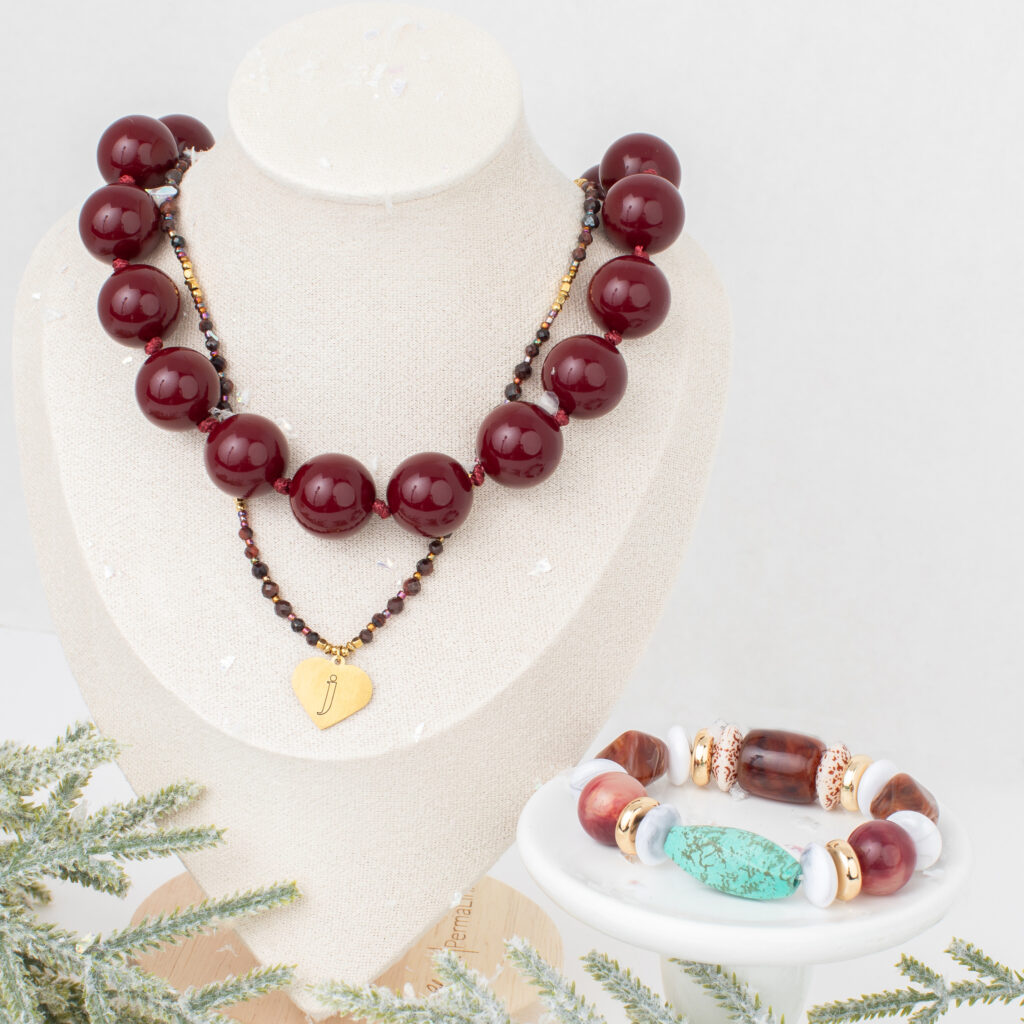 Bauble Burgundy Necklace styling image.