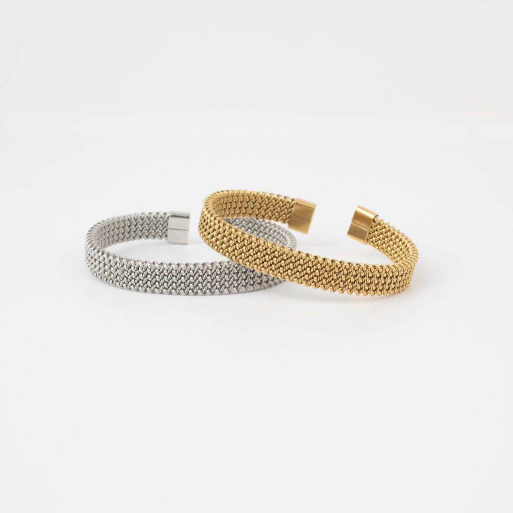 Camille woven cuff bracelets in stainless and gold stainless.