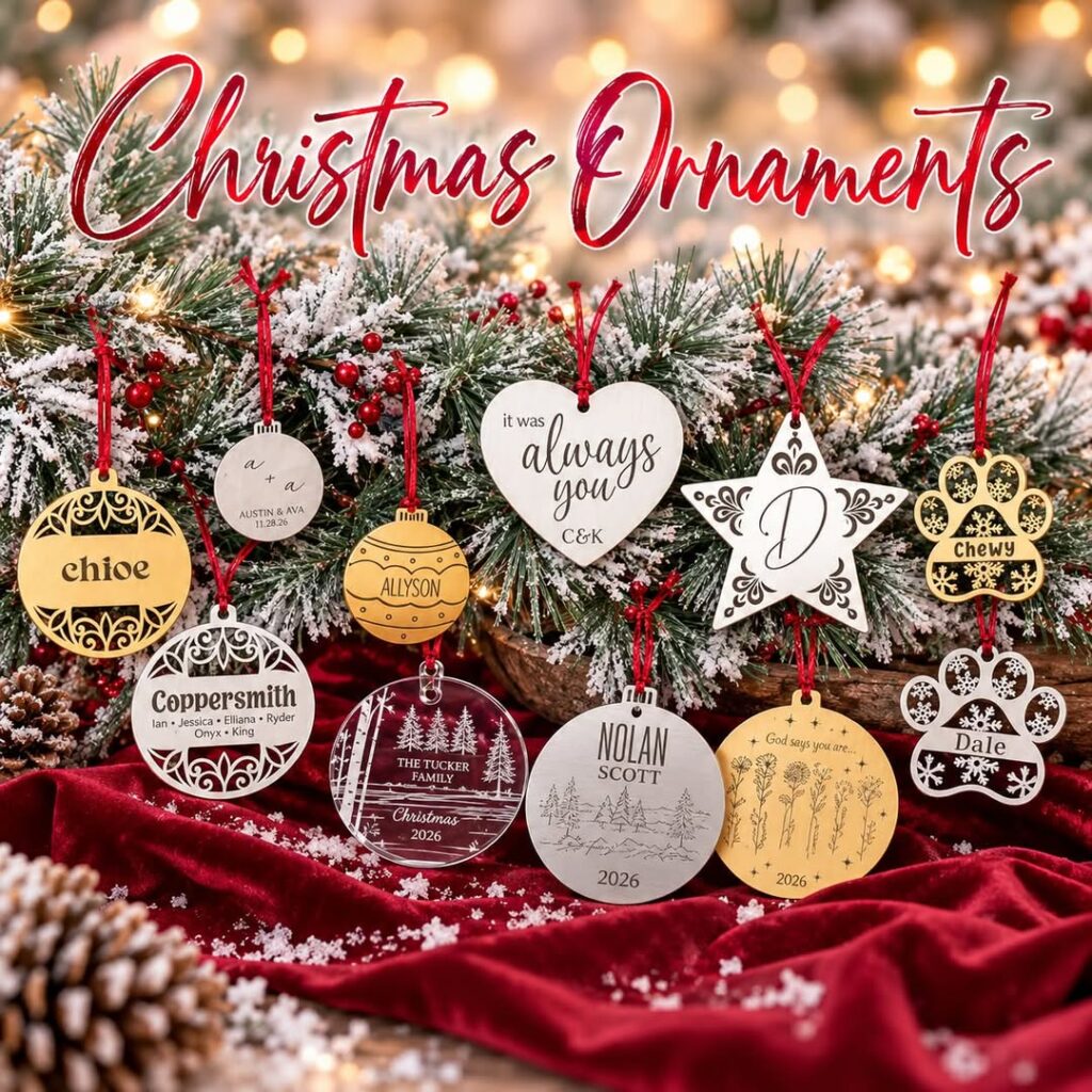 Personalized jBloom Christmas ornaments displayed together on a decorated tree