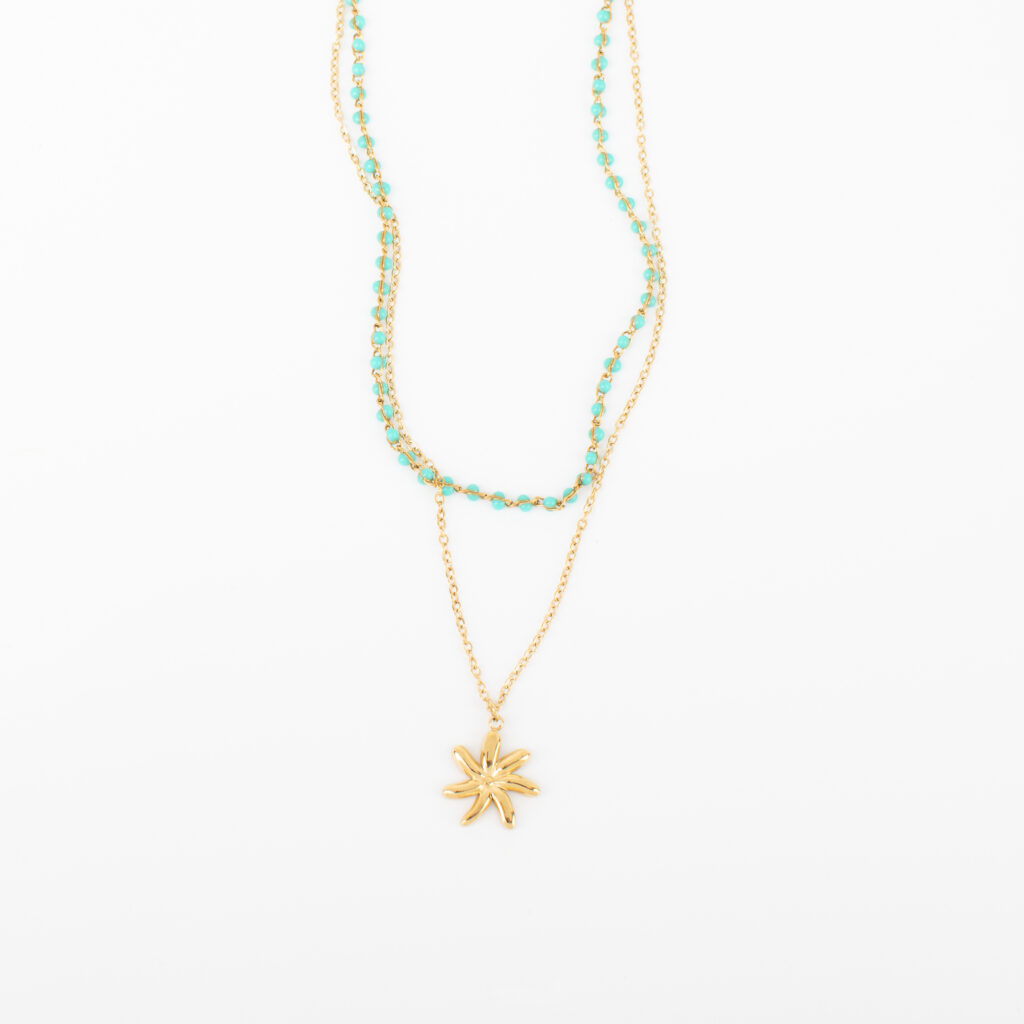 Ciara layered gold necklace with turquoise-colored accents and a floral pendant