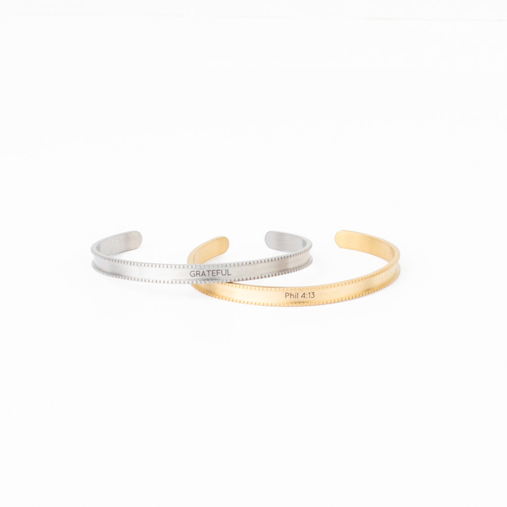 Downtowne bangles in stainless and gold stainless, personalized with Grateful and Phil 4:13