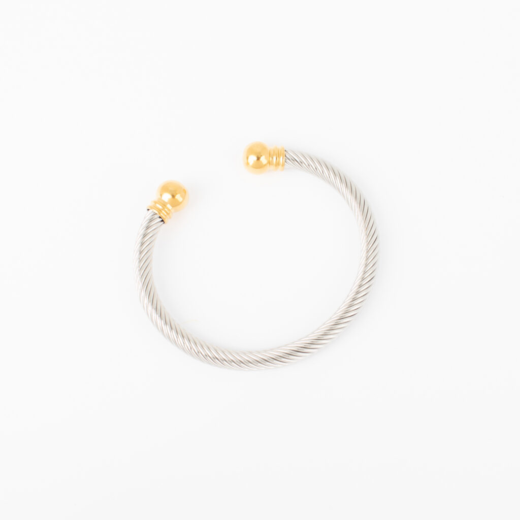 Frankie two-tone stainless cuff with a silver-tone rope band and gold-tone end caps
