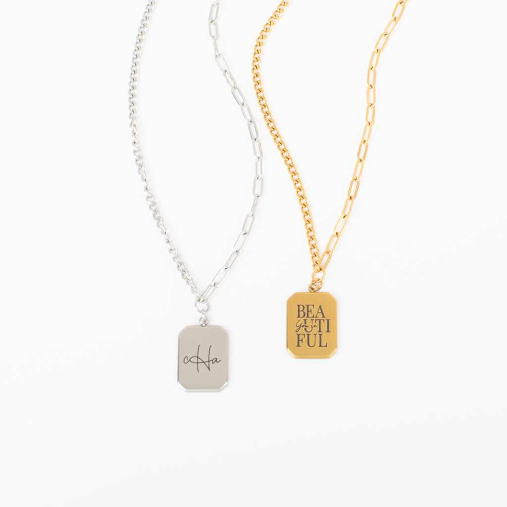 Stainless and gold stainless Jani necklaces with mixed-link chains and personalized tag pendants