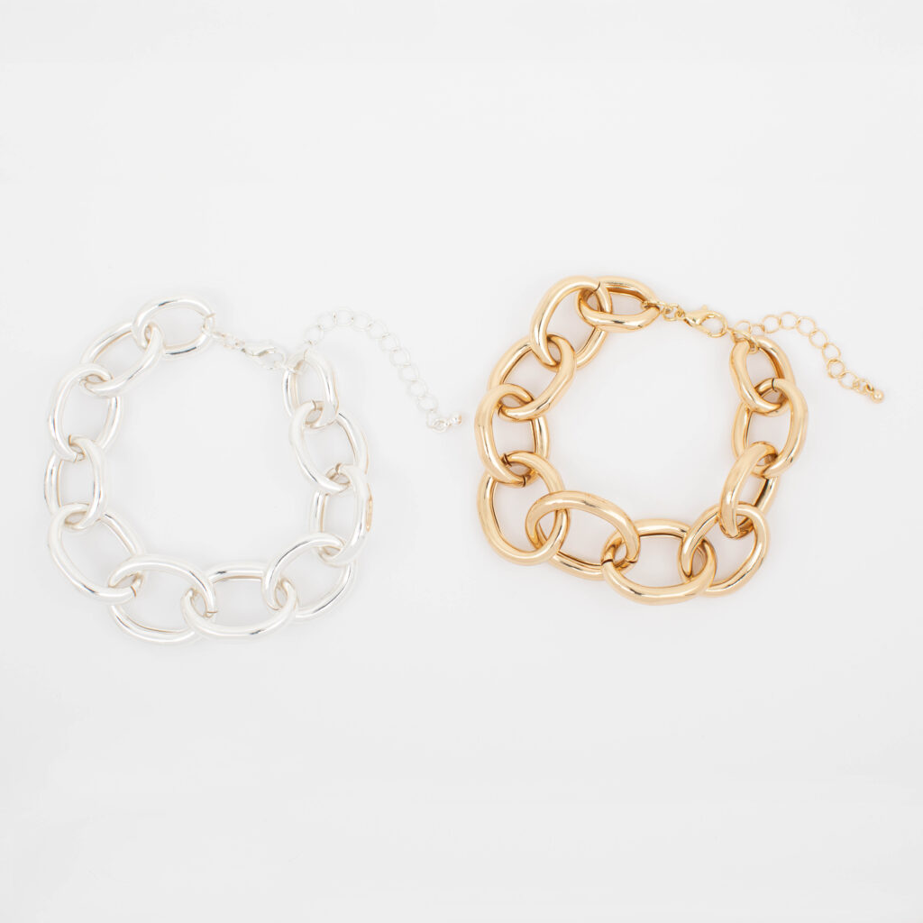 Jaylee oversized link bracelets in silver and gold.