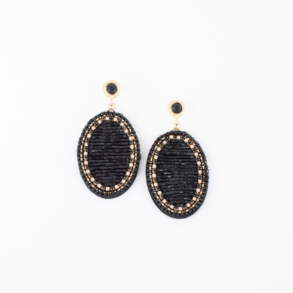 Kali oval statement earrings with black seed beads, gold accents, and a shimmering border