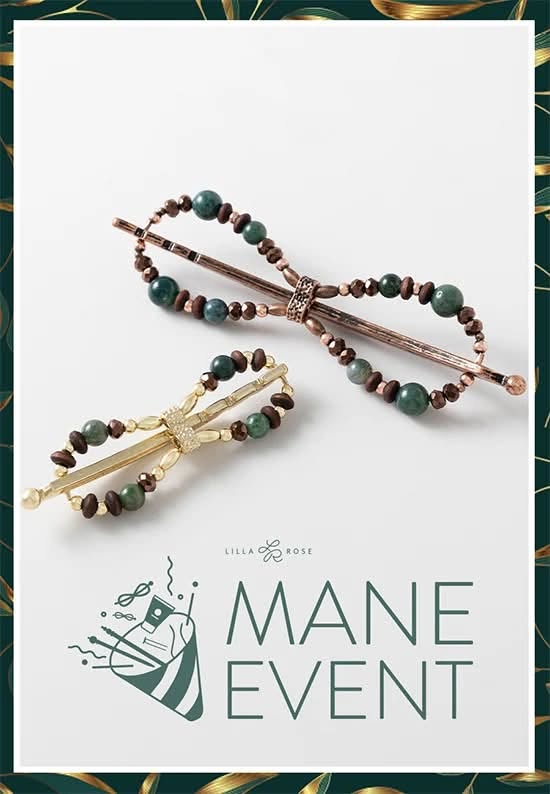 Two Lilla Rose “Mane Event” hair clips in gold and bronze tones, featuring green beads and small brown accents, displayed on a white background with a dark green and gold border.